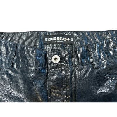 Express Jeans Metallic Snakeskin Coated Pants Size 1/2 Black Gunmetal Flare - Thumbnail 3