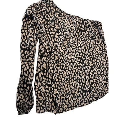FSL Apparel One Shoulder Leopard Print Top Size Medium NWT Tan Black Cheetah - Thumbnail 2