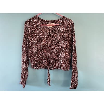 Cloth & Stone Animal Print Tie Front Cropped Blouse XS Brown Black Long Sleeve - Thumbnail 2