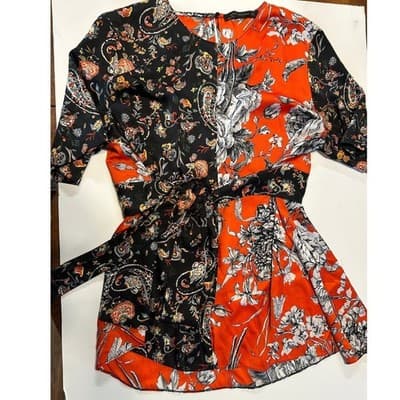 Zara Woman Blouse Large Orange Black Floral Paisley Split Print Tie Waist Top - Image 1