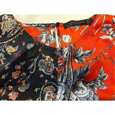 Zara Woman Blouse Large Orange Black Floral Paisley Split Print Tie Waist Top - Thumbnail 4