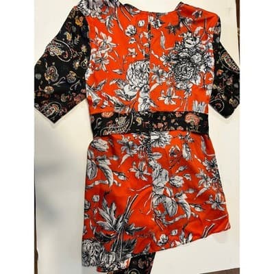 Zara Woman Blouse Large Orange Black Floral Paisley Split Print Tie Waist Top - Thumbnail 5