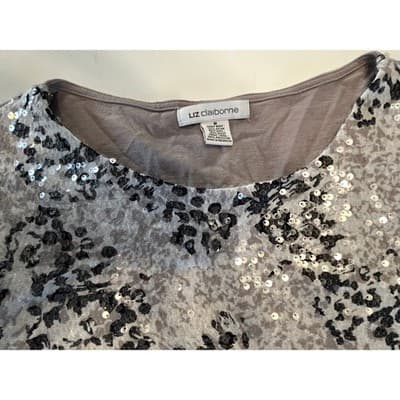 Liz Claiborne Sequin Top Womens Medium Grey Silver Animal Print Blouse - Thumbnail 3