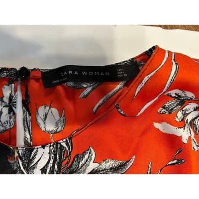 Zara Woman Blouse Large Orange Black Floral Paisley Split Print Tie Waist Top - Thumbnail 2