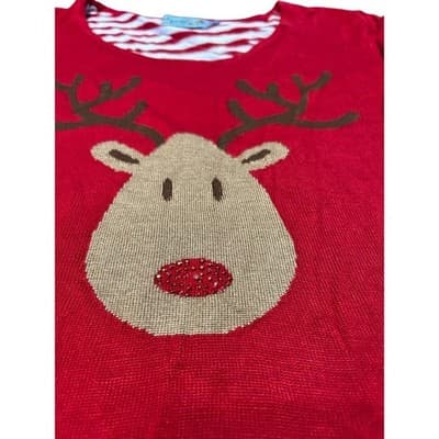 Unity Worldwear Reindeer Sweater Womens 1X Red White Striped Holiday Sequin Nose - Thumbnail 2