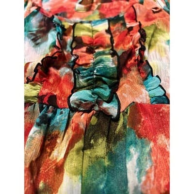 Women Multi Color Abstract Floral Ruffle Sleeveless Blouse Chiffon Top L - Thumbnail 2