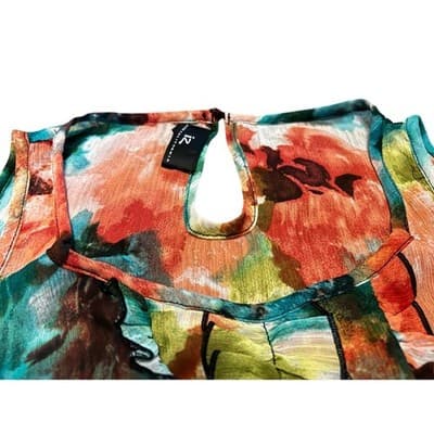 Women Multi Color Abstract Floral Ruffle Sleeveless Blouse Chiffon Top L - Thumbnail 3
