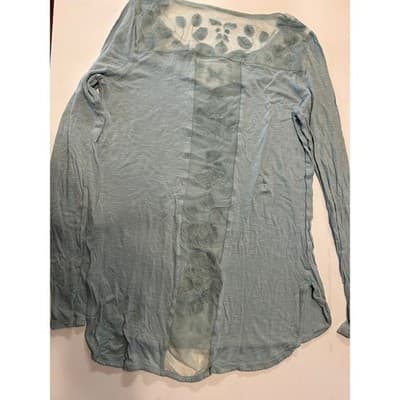 Lauren Conrad Top Womens XS Blue Long Sleeve Mesh Floral Embroidered Slub Knit - Thumbnail 3