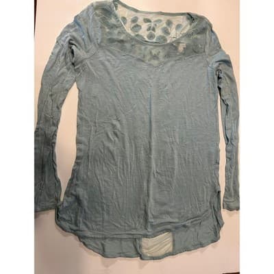 Lauren Conrad Top Womens XS Blue Long Sleeve Mesh Floral Embroidered Slub Knit - Image 1