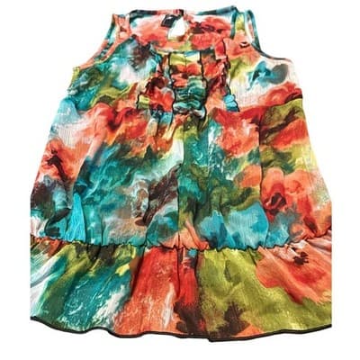 Women Multi Color Abstract Floral Ruffle Sleeveless Blouse Chiffon Top L - Image 1