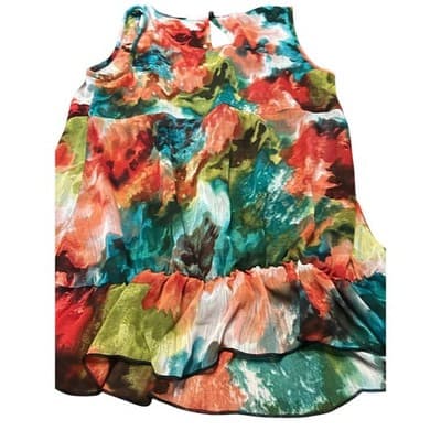 Women Multi Color Abstract Floral Ruffle Sleeveless Blouse Chiffon Top L - Thumbnail 4