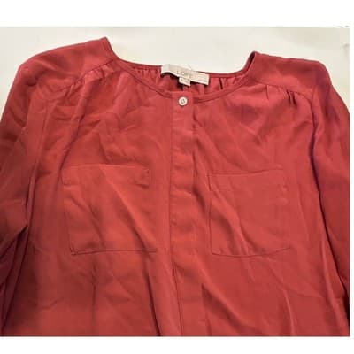 LOFT Blouse Womens SP Small Petite Red Coral Button Front Long Sleeve Top Pocket - Thumbnail 3