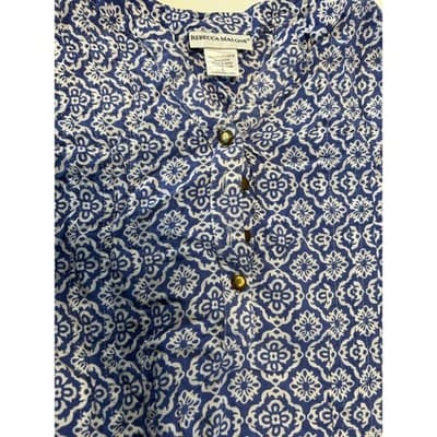 Rebecca Malone Blouse Womens Large Blue White Medallion Print Rayon Button Top - Thumbnail 3