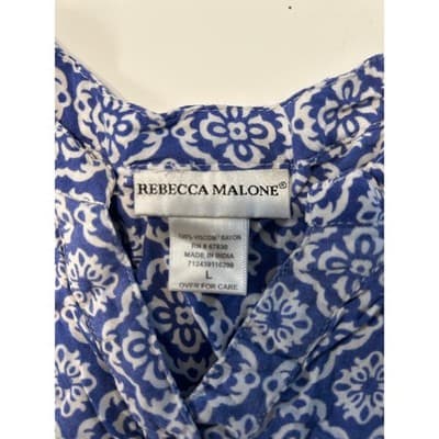 Rebecca Malone Blouse Womens Large Blue White Medallion Print Rayon Button Top - Thumbnail 4