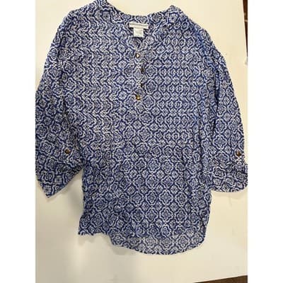 Rebecca Malone Blouse Womens Large Blue White Medallion Print Rayon Button Top - Image 1