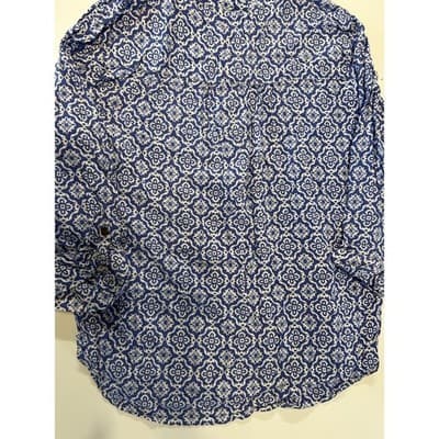 Rebecca Malone Blouse Womens Large Blue White Medallion Print Rayon Button Top - Thumbnail 2