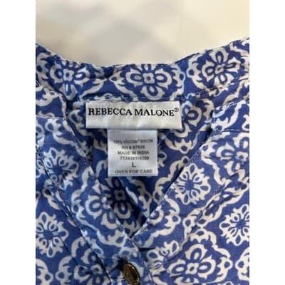 Rebecca Malone Blouse Womens Large Blue White Medallion Print Rayon Button Top - Thumbnail 5