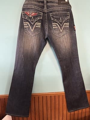 Affliction Bootcut Jeans Studded Patched Biker Distressed Low Rise 27 Read - Image 1