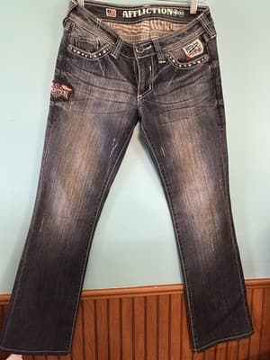 Affliction Bootcut Jeans Studded Patched Biker Distressed Low Rise 27 Read - Thumbnail 2