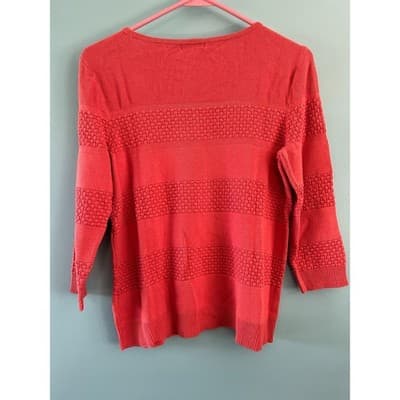 Croft & Barrow Sweater Womens Medium Coral Pink Textured Stripe 3/4 Sleeve - Thumbnail 2