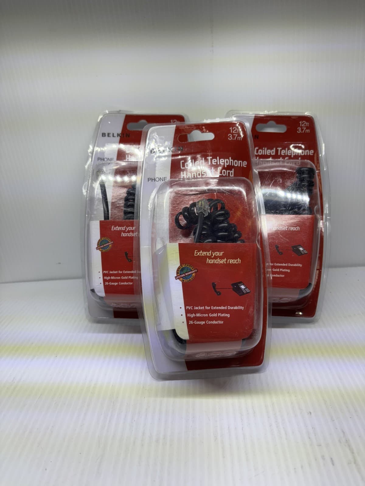 Lot Of 2 Belkin Coil Cord Telephone Handset 12 FT 3.7 M Modular - Image 1