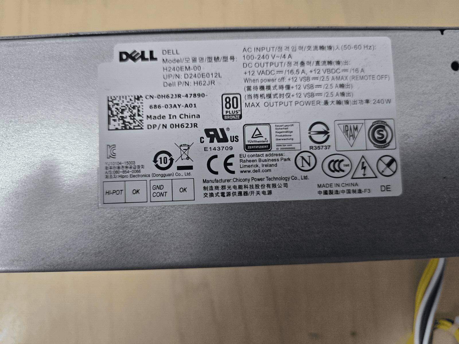Dell 240W Power Supply L240NM-00 L240EM-00 B240-EM-00 H240M-00 D240-EM-00 H62JR - Thumbnail 2