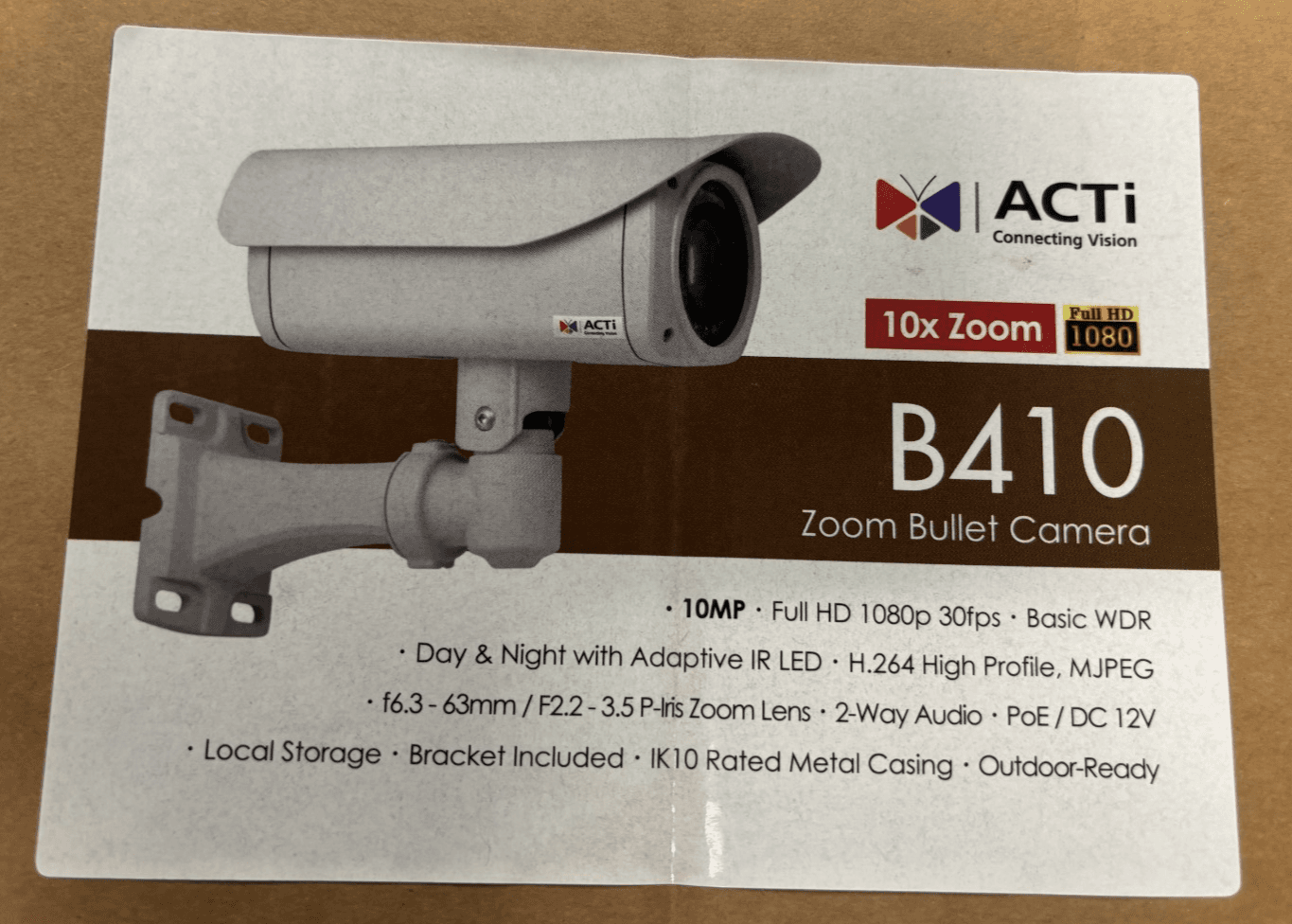 ACTi B410 10 Megapixel Day/Night Outdoor IR Bullet Camera, 6.3-63mm Lens - Image 1