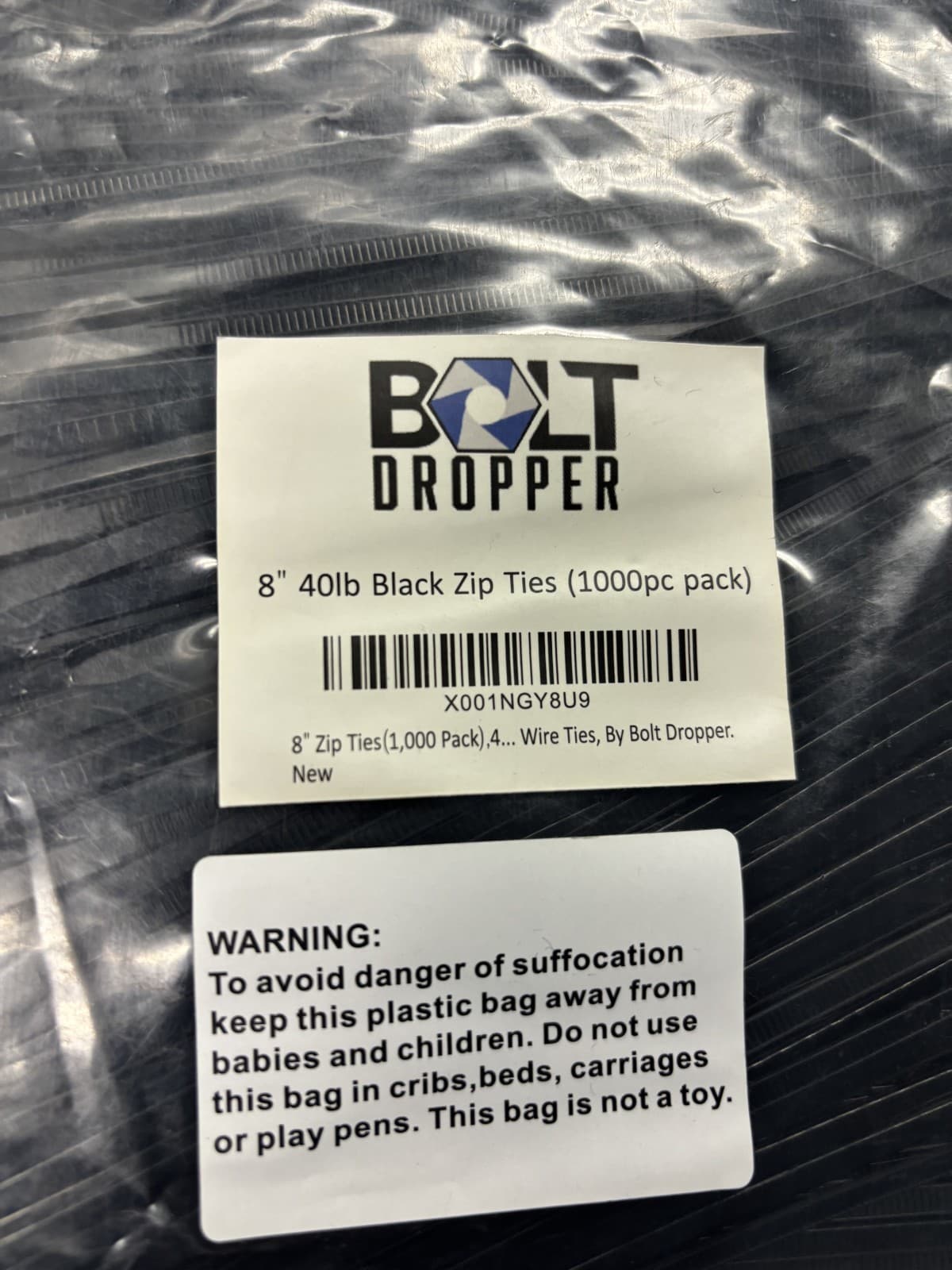 Bolt Dropper 1000-Piece Set of 8 Inch 40lb Black Zip Ties - Thumbnail 2