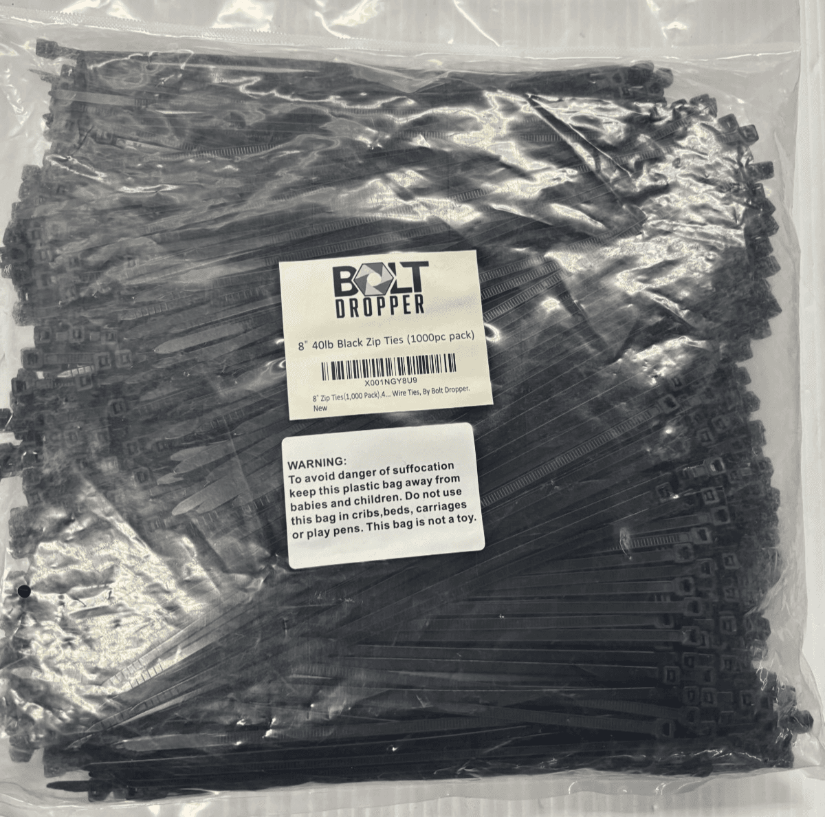 Bolt Dropper 1000-Piece Set of 8 Inch 40lb Black Zip Ties - Image 1