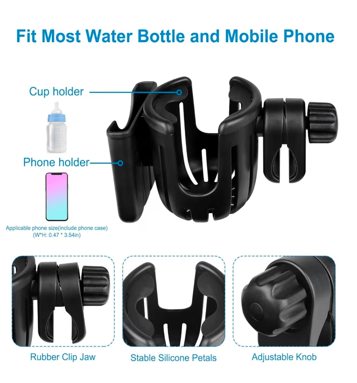 Stroller Cup Holder with Phone Holder, Universal Cup Holder, 2-in-1 Cup Phone Ho - Thumbnail 2