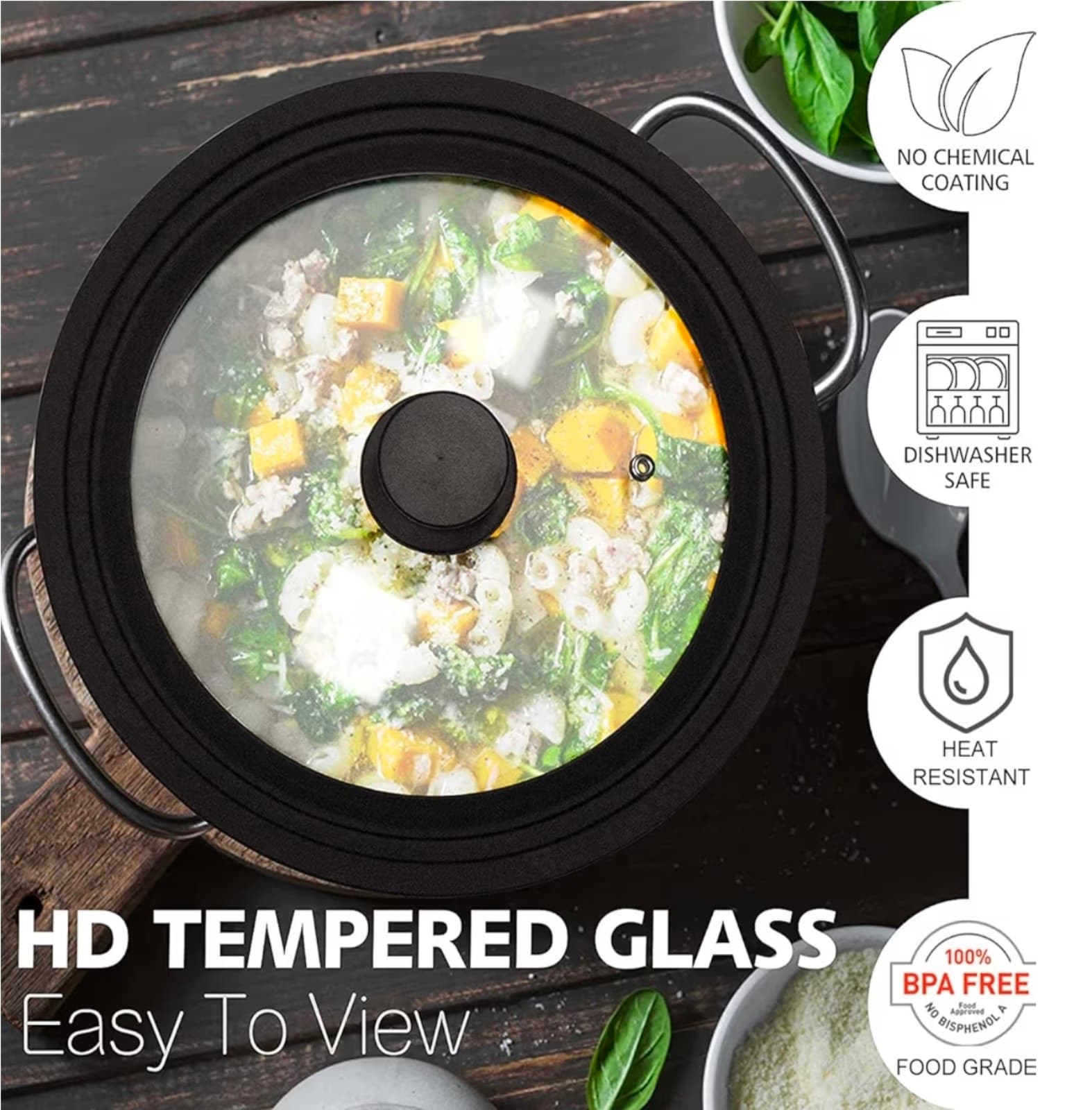 Silicone Universal Lid for Pots, Pans Tempered Glass fits 9.5, 10 & 11in - Thumbnail 2