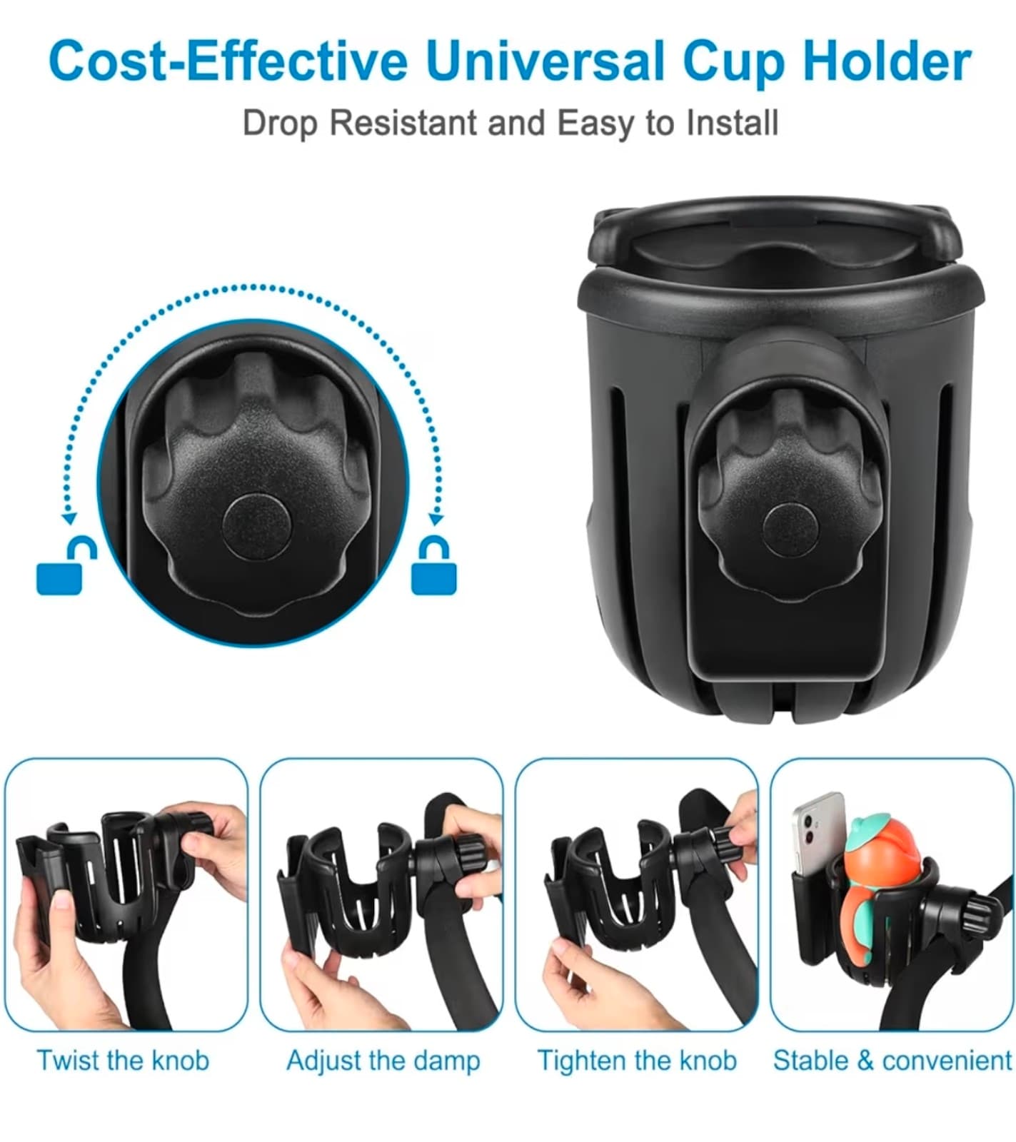 Stroller Cup Holder with Phone Holder, Universal Cup Holder, 2-in-1 Cup Phone Ho - Thumbnail 4