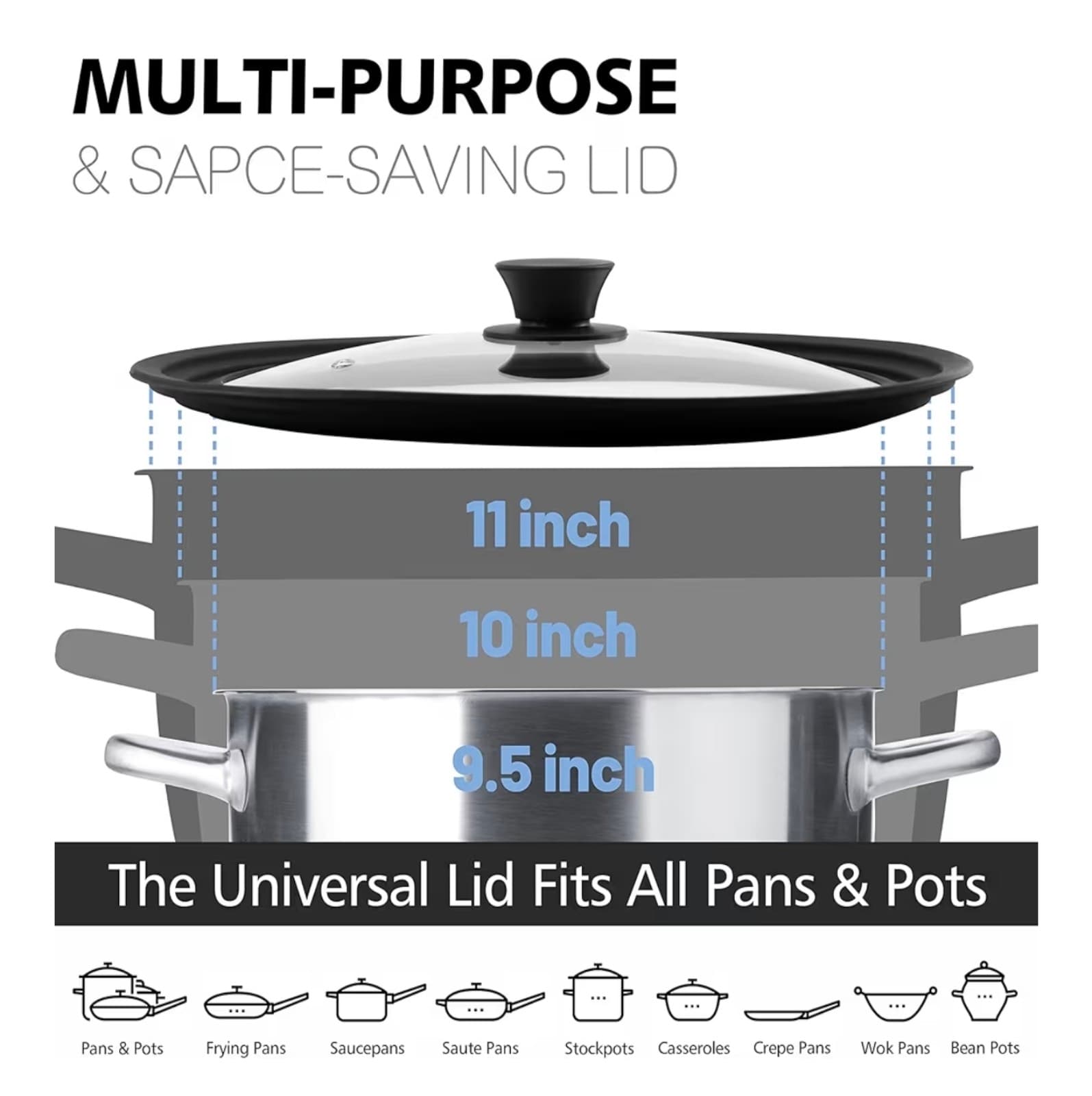 Silicone Universal Lid for Pots, Pans Tempered Glass fits 9.5, 10 & 11in - Thumbnail 4