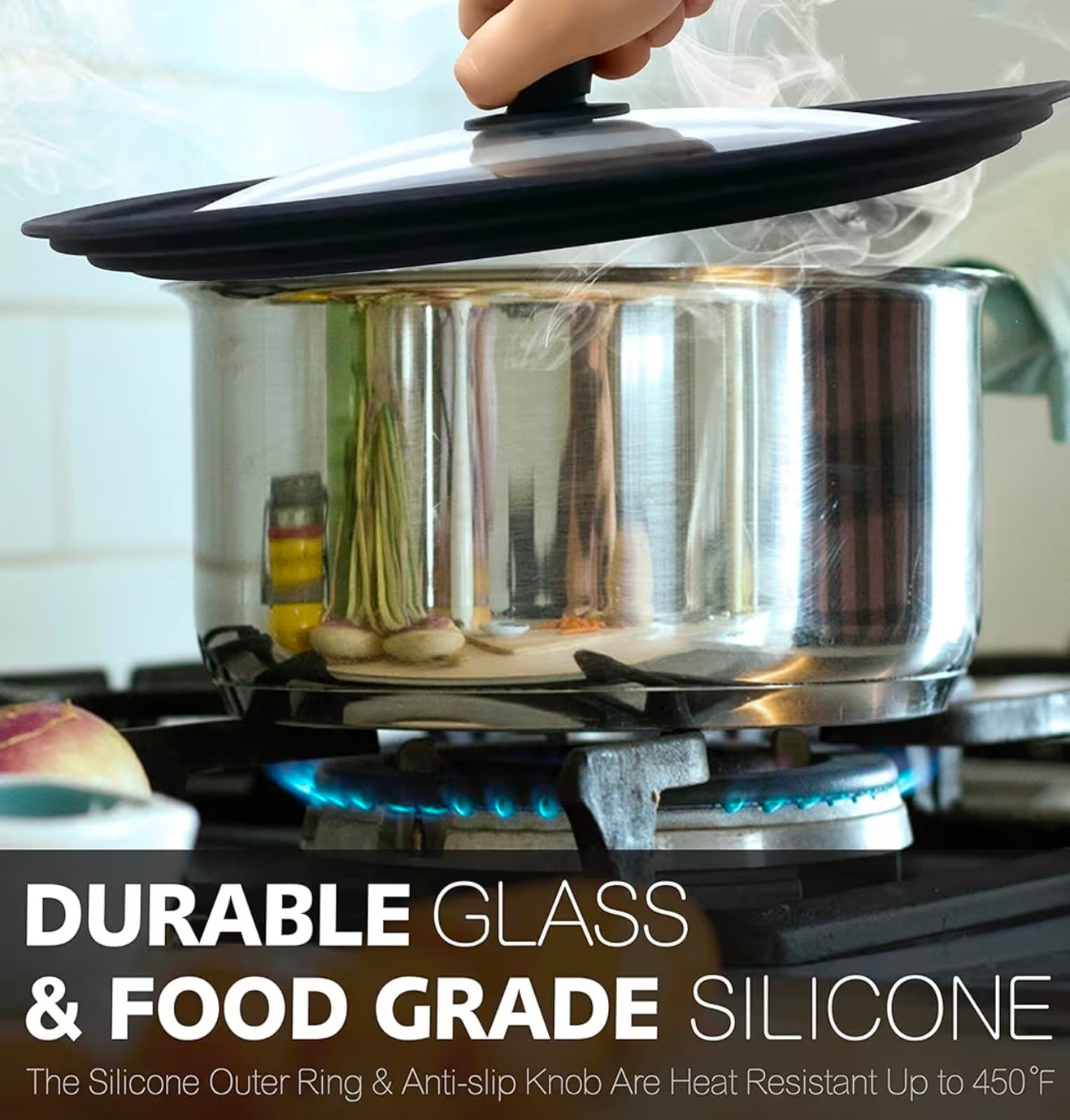 Silicone Universal Lid for Pots, Pans Tempered Glass fits 9.5, 10 & 11in - Thumbnail 3