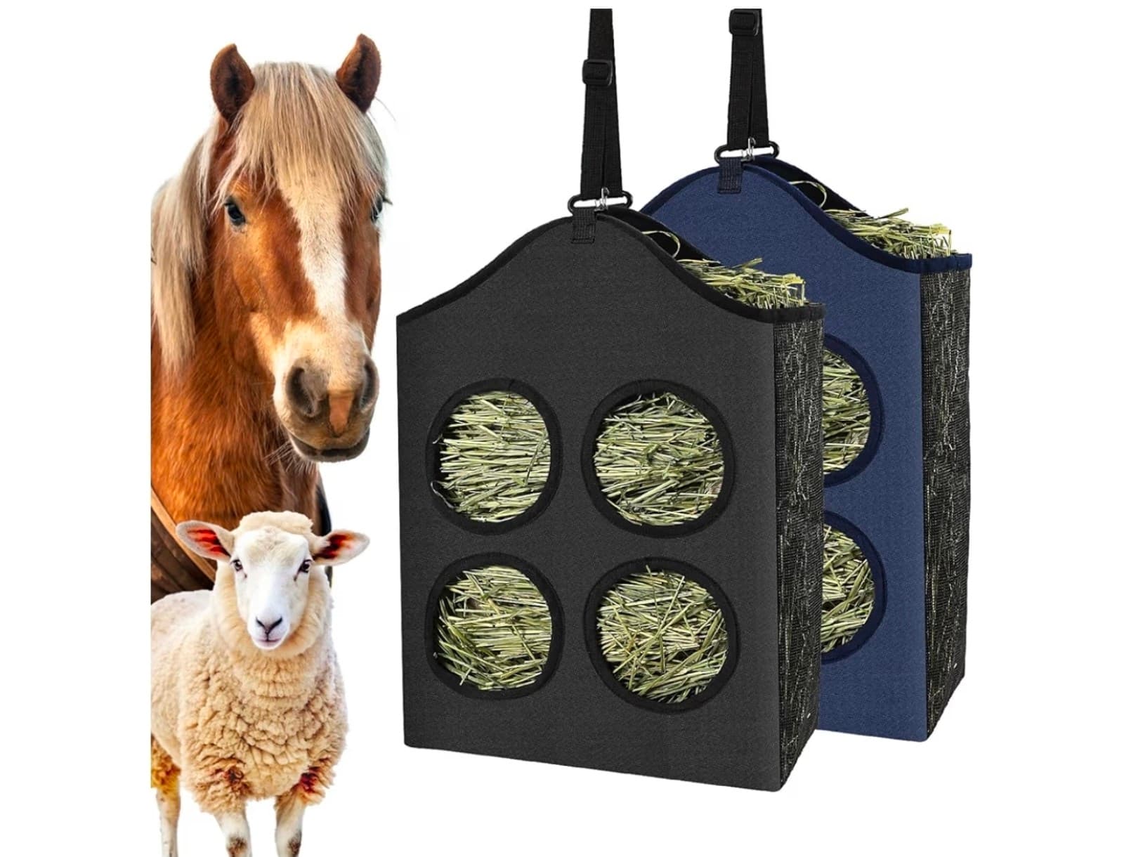 Hay Bags for Goats, Hanging Horses Slow Feed Hay Feeder with Metal Ring - Image 1