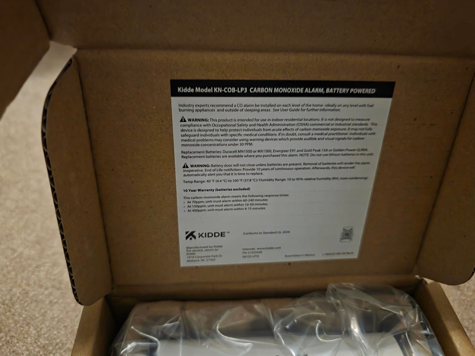 Kidde Carbon Monoxide Alarm Battery Powered w/ Batteries & Manual - Thumbnail 3