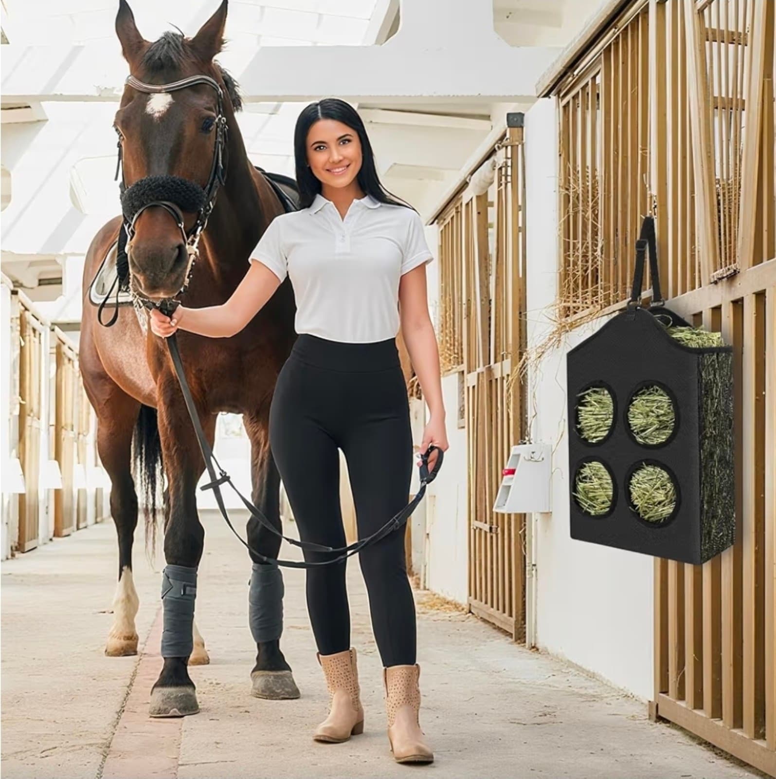 Hay Bags for Goats, Hanging Horses Slow Feed Hay Feeder with Metal Ring - Thumbnail 4