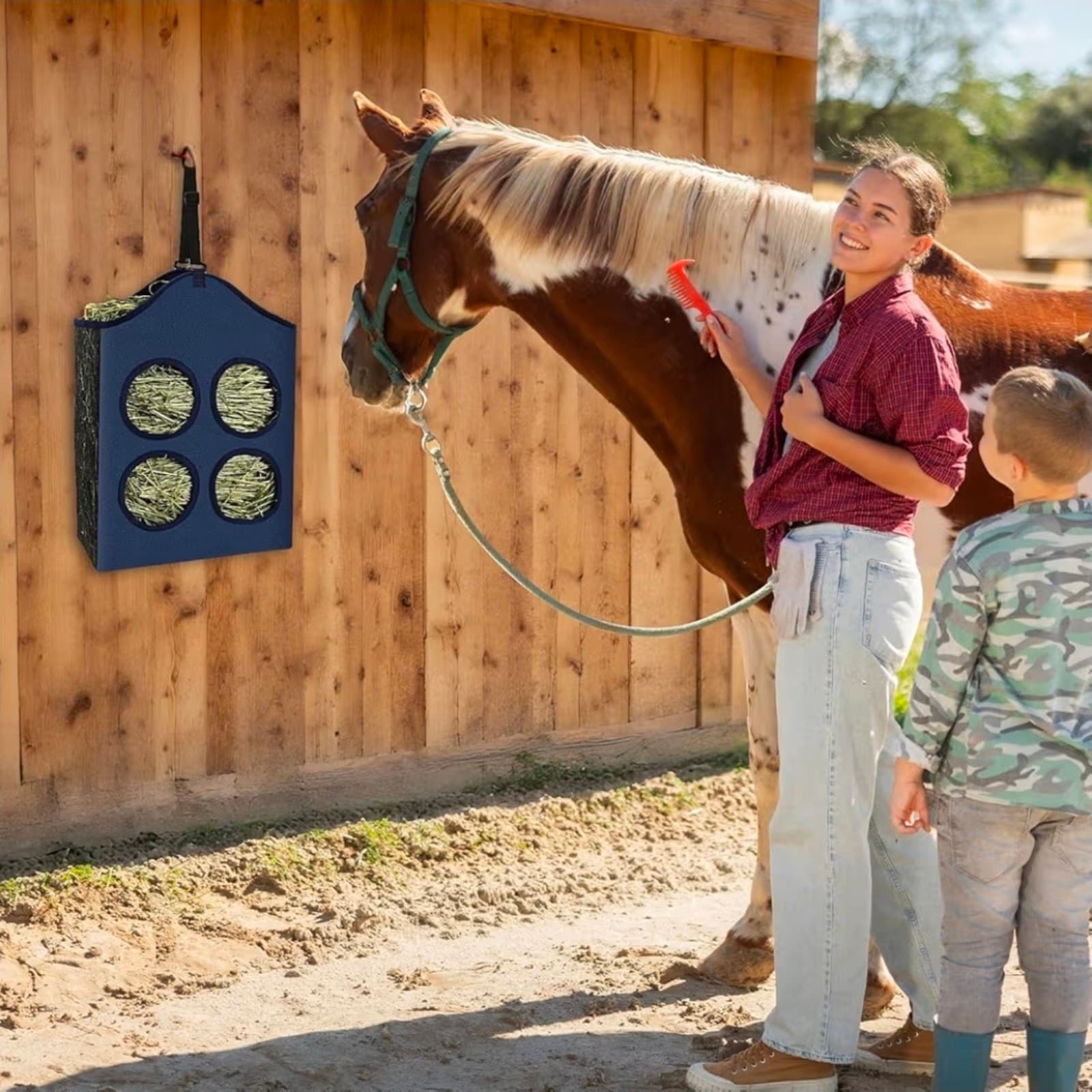 Hay Bags for Goats, Hanging Horses Slow Feed Hay Feeder with Metal Ring - Thumbnail 3