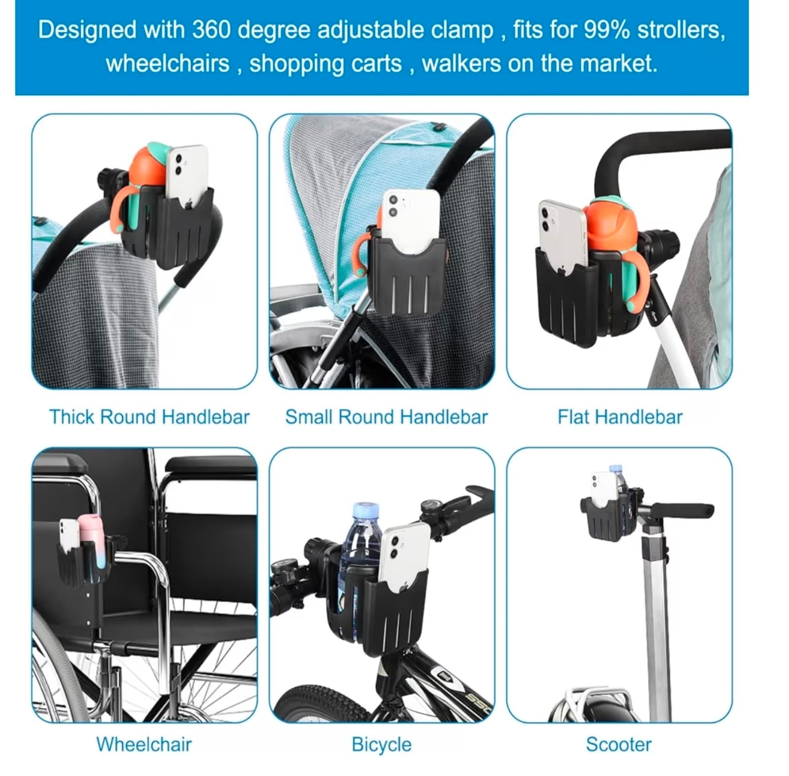 Stroller Cup Holder with Phone Holder, Universal Cup Holder, 2-in-1 Cup Phone Ho - Thumbnail 3