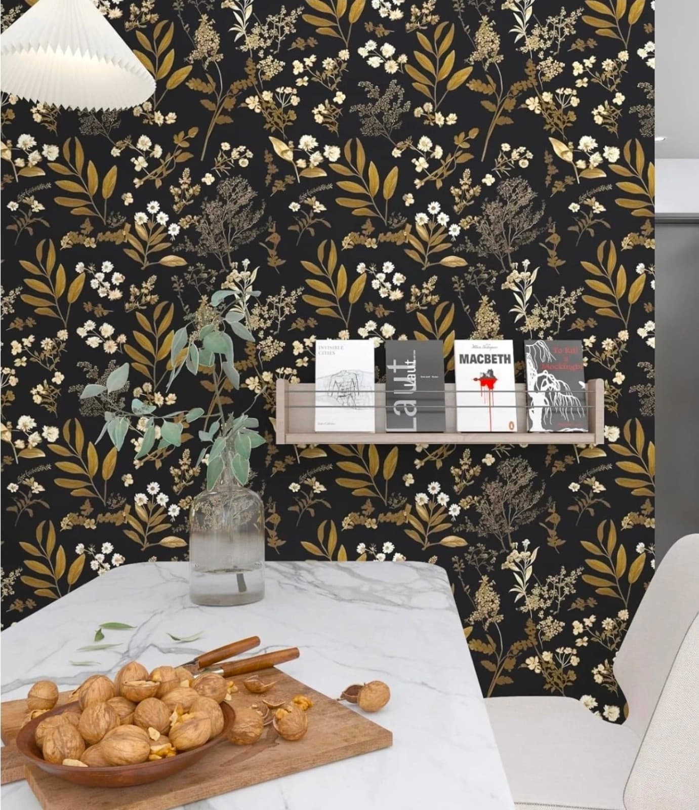Peel and Stick Black Floral Wallpaper 17.5" x 393 Gold Leaf Contact Paper Viny - Image 1