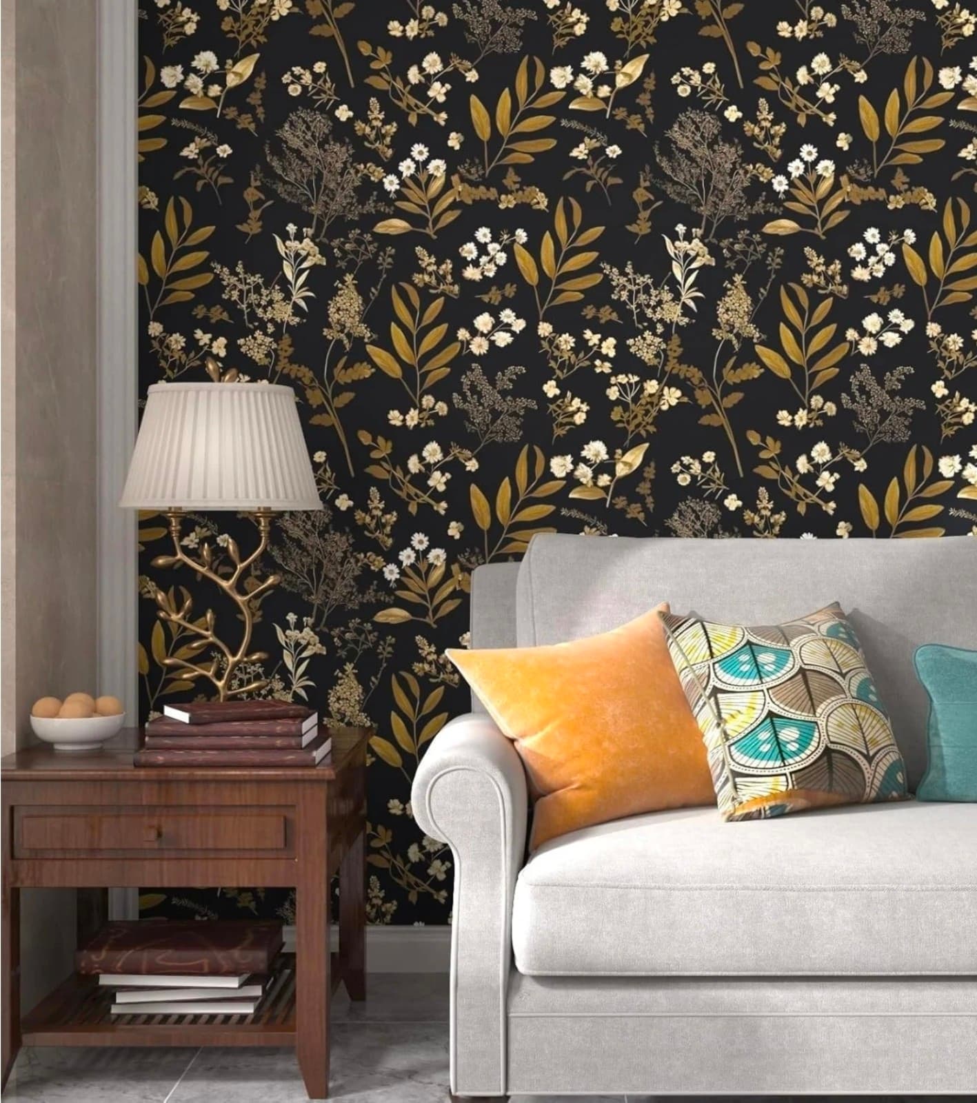 Peel and Stick Black Floral Wallpaper 17.5" x 393 Gold Leaf Contact Paper Viny - Thumbnail 5