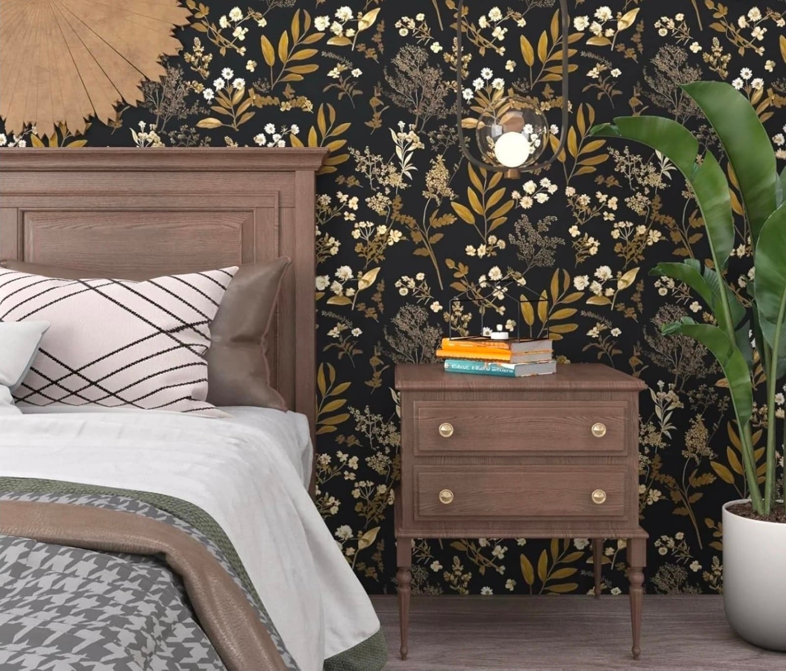 Peel and Stick Black Floral Wallpaper 17.5" x 393 Gold Leaf Contact Paper Viny - Thumbnail 6