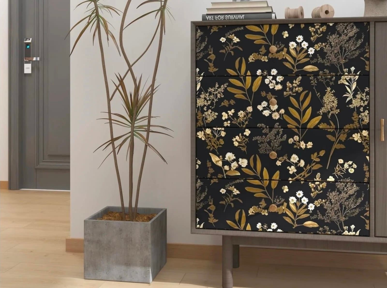 Peel and Stick Black Floral Wallpaper 17.5" x 393 Gold Leaf Contact Paper Viny - Thumbnail 3