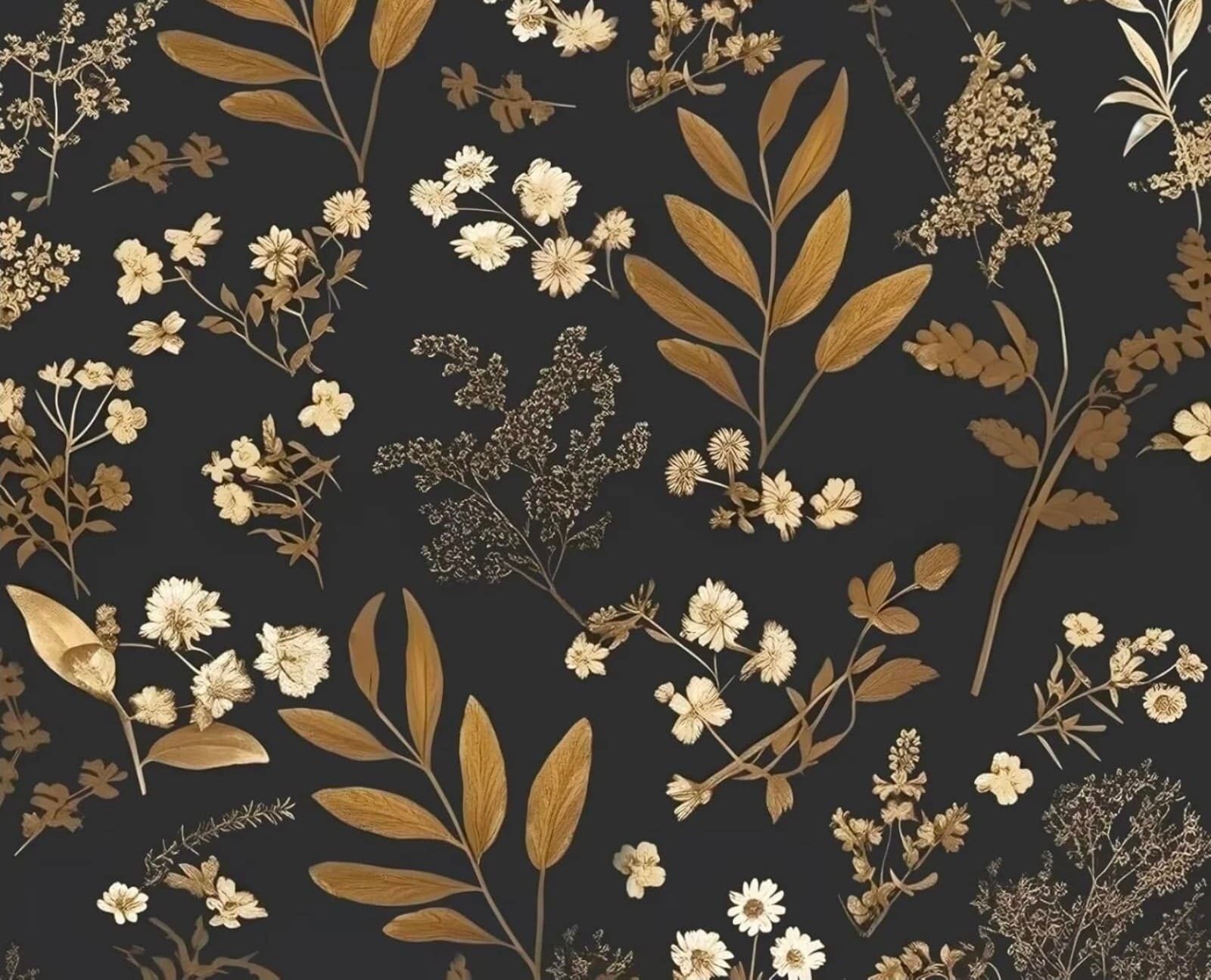 Peel and Stick Black Floral Wallpaper 17.5" x 393 Gold Leaf Contact Paper Viny - Thumbnail 2
