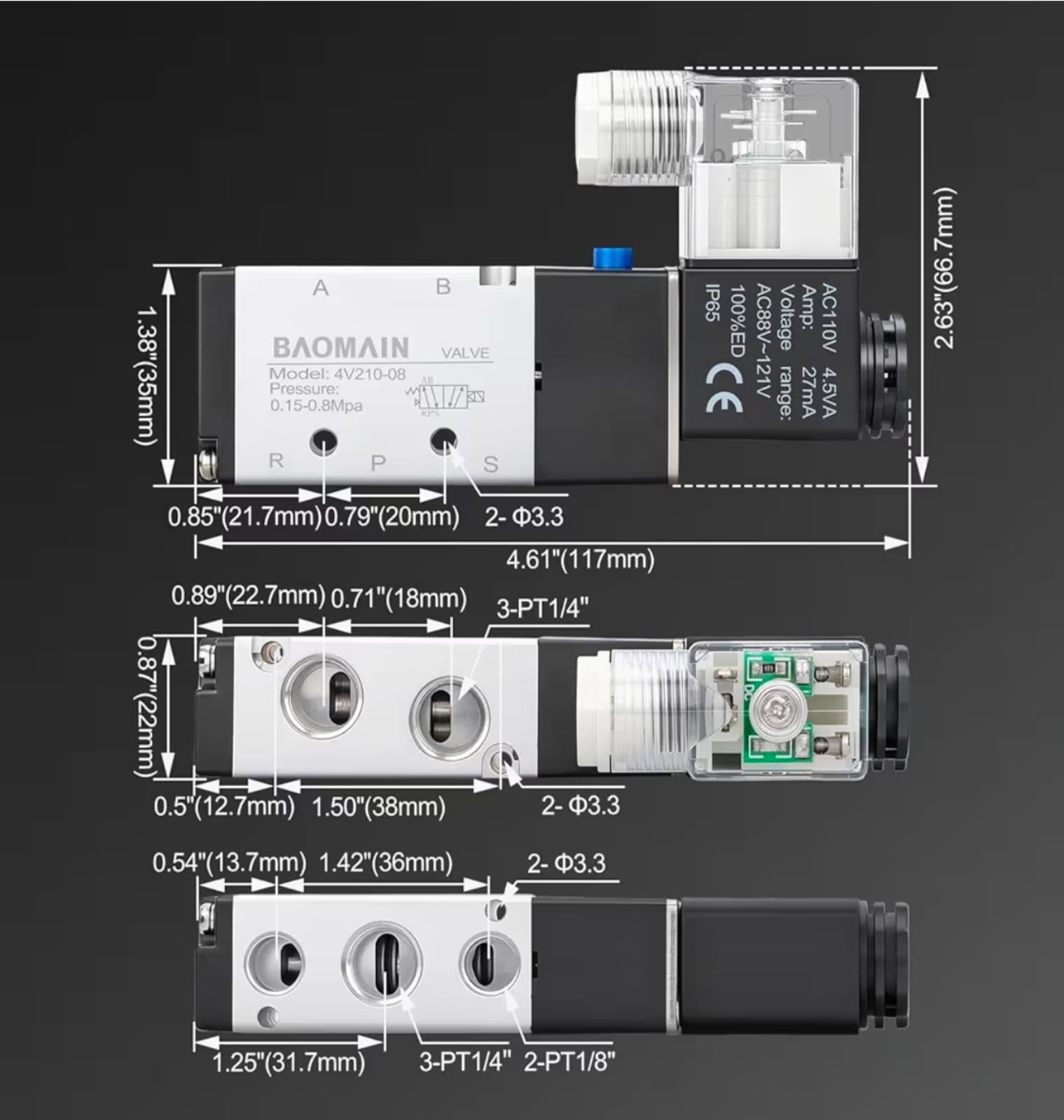Baomain 4V210-08 Electric Solenoid Valve, 110V AC 2- Position 5-Way 1/4" PT Port - Thumbnail 2
