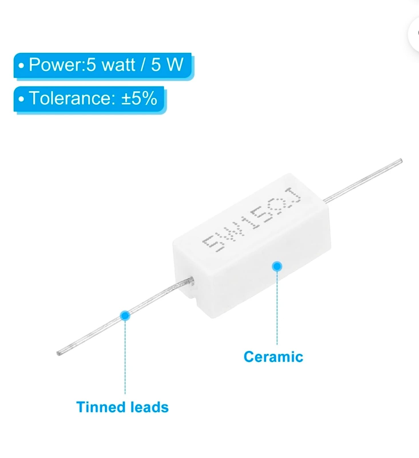 15 Ohm Resistors, 20Pcs 5W Ceramic Cement Resistor Power Cement Resistor Kit Tol - Thumbnail 3