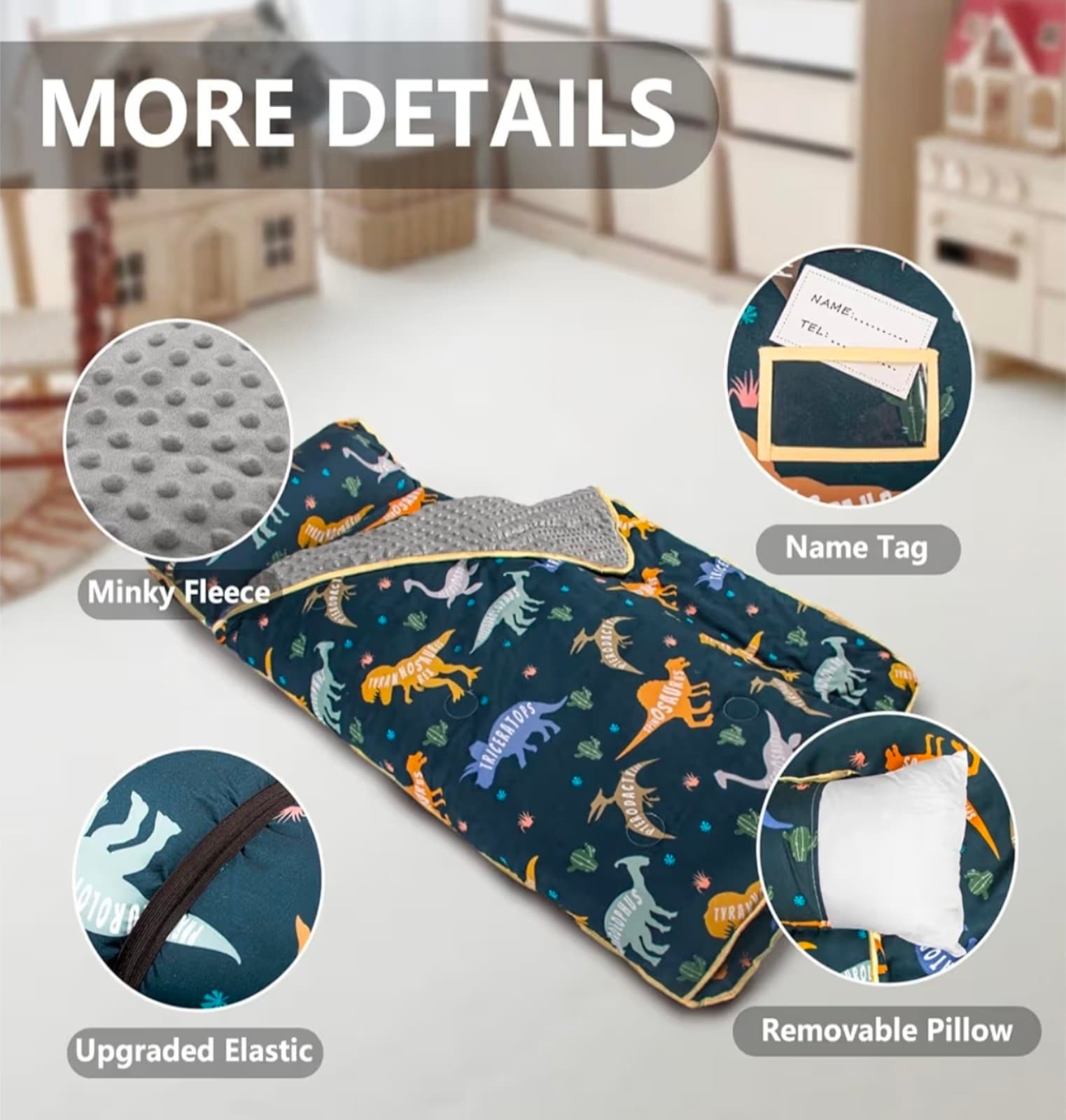 Kids Dinosaur Nap Mat 55in by 22in - Thumbnail 6