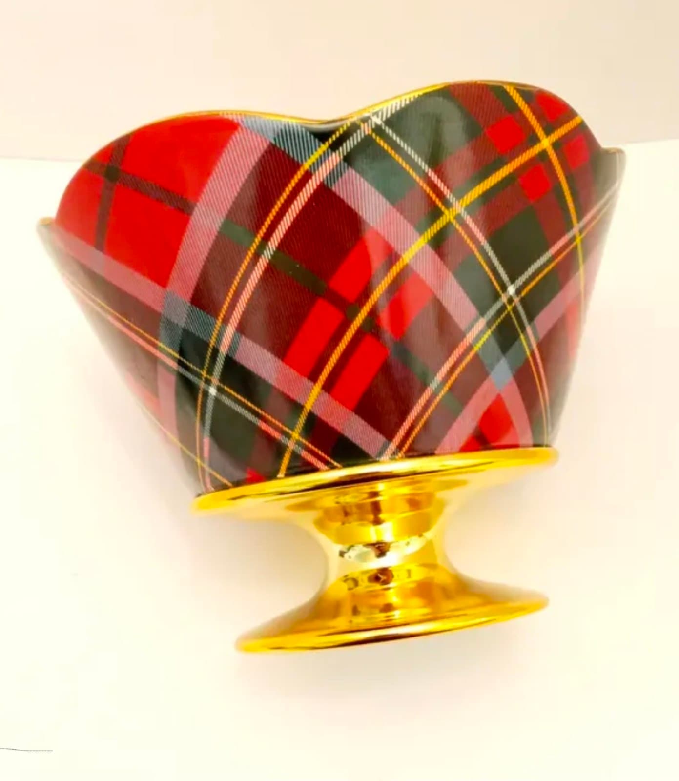 Vintage Teleflora Plaid Pedestal Bowl: Red and Green Christmas Decor - Thumbnail 2