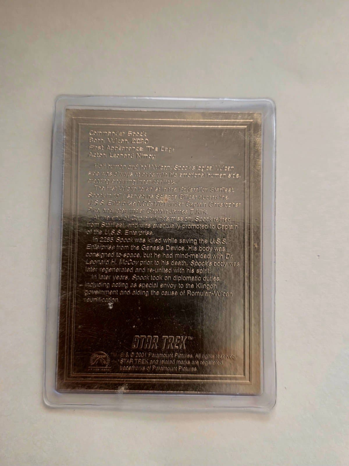 Commander Spock Star Trek 2001 Danbury Mint 22Kt Gold Card - Thumbnail 2