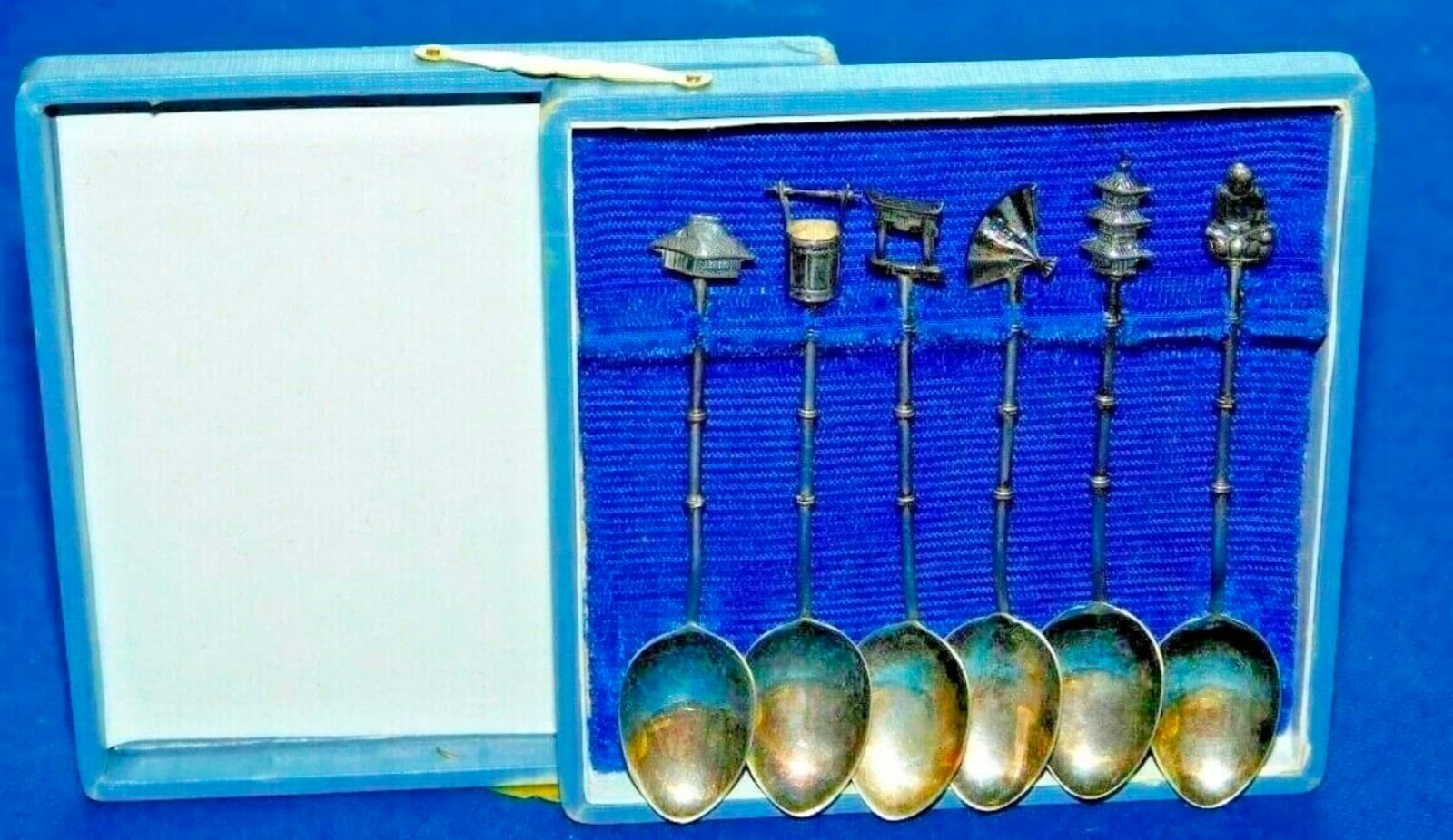 Japanese 6 Sterling Silver Demitasse Spoons in box bamboo style handles Japan - Image 1